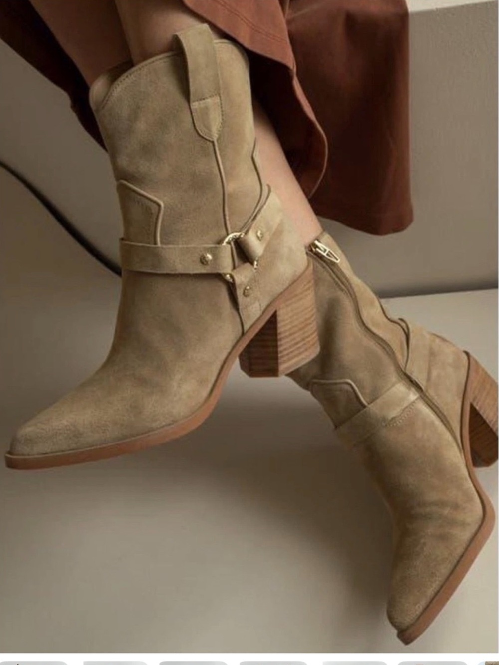 Dolce vita Womens Tan Suede Harness Western Ankle Boots Pointed Toe Block Heel